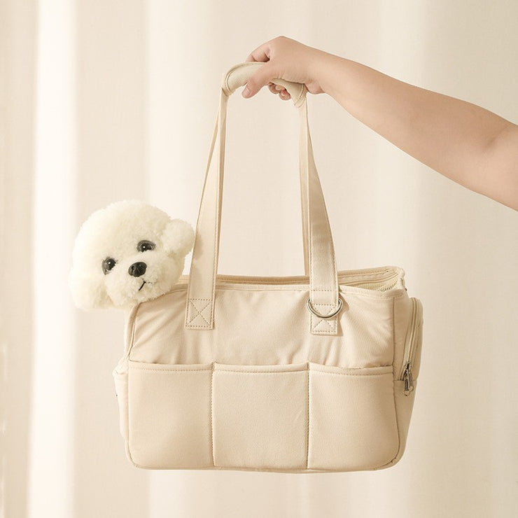 Sweet Cream Puff Pet Carrier with Net Outgoing Bag Made Of Pure Cotton in Pink Peach, Beige, Light Grey in Medium: 14” x 6” x 9” / Large: 16” x 7” x 12”