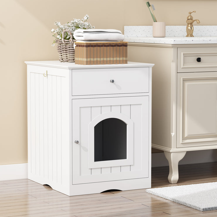 The Frenchie White House Wooden Pet House Furniture Litter Box Fence With Drawers for Cat, Bunny and Other Pets
