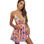 Coachella Babe Deep V Backless Sequined Floral Mini Dress in White, Purple, Orange Size S, M, L, XL