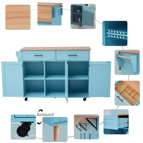 Tulum Impressions Kitchen Island Fiberboard Dining Cart Bookcase With Wood Folding Tabletop in Turquoise 51” x 28” x 36”
