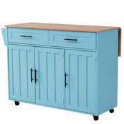 Tulum Impressions Kitchen Island Fiberboard Dining Cart Bookcase With Wood Folding Tabletop in Turquoise 51” x 28” x 36”
