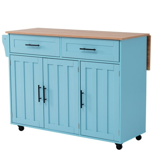 Tulum Impressions Kitchen Island Fiberboard Dining Cart Bookcase With Wood Folding Tabletop in Turquoise 51” x 28” x 36”