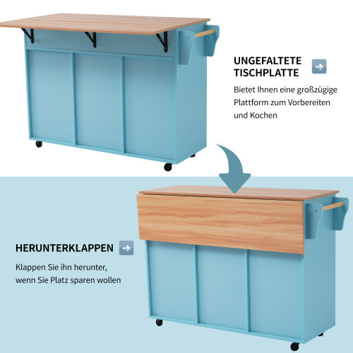 Tulum Impressions Kitchen Island Fiberboard Dining Cart Bookcase With Wood Folding Tabletop in Turquoise 51” x 28” x 36”
