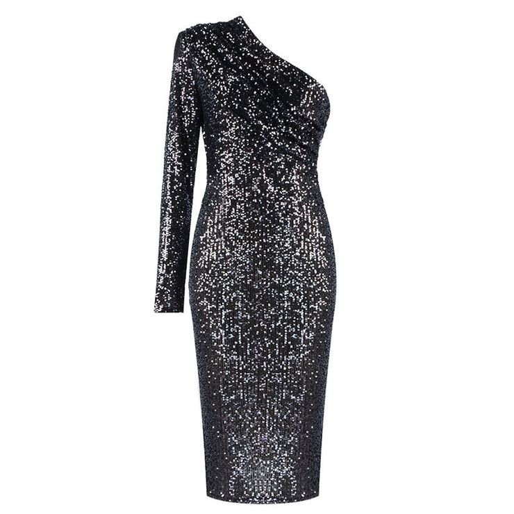 Effortlessly Dazzling Iced Glam One Shoulder Midi Dress in Gold, Silver, Black Size XS, S, M, L