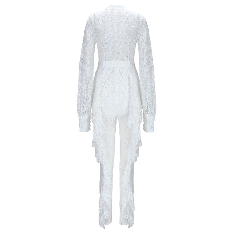 Lace Tie Jumpsuit Long Sleeved White Size S, M, L, XL