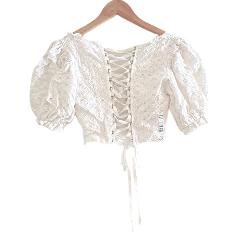 For Love And Lemons Sand Dollar Eyelet Lace-Up Cropped Top Blouse Puffy White Size XS