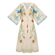 Boho Embroidered Hearts Maxi Dress Kimono Long Sleeved Tassel in White Size S, M, L, XL