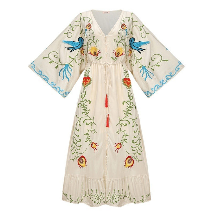 Boho Embroidered Hearts Maxi Dress Kimono Long Sleeved Tassel in White Size S, M, L, XL