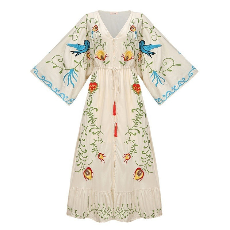 Boho Embroidered Hearts Maxi Dress Kimono Long Sleeved Tassel in White – LA  Style Inspo