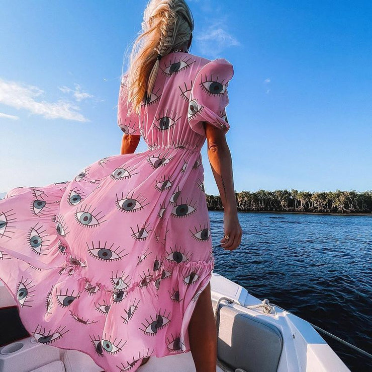 Beach Day Cover Up Maxi Dress Beach Good Vibes Eye Print in Pink, Blue LA Style Inspo Beach Day Cover Up Maxi Dress Beach Good Vibes Eye Print in Pink, Blue LA Style Inspo