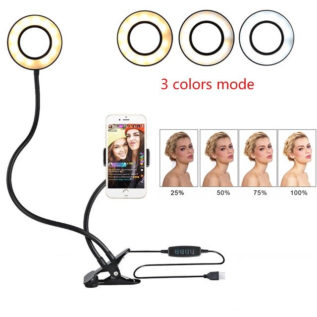 Clamp-On LED Desk Ring Light with 3 Lighting Modes & Adjustable Stand for iPhone in Black or White