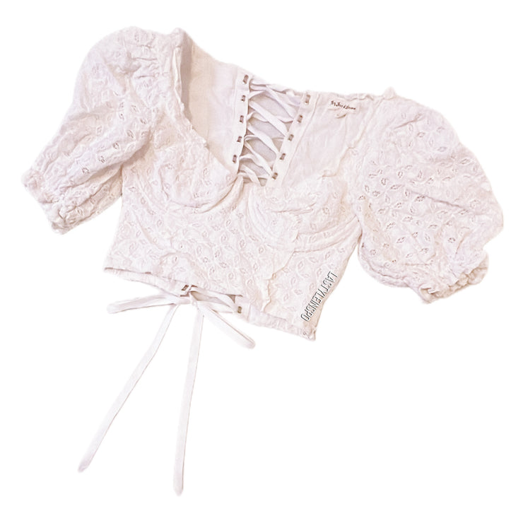 For Love And Lemons Sand Dollar Eyelet Lace-Up Cropped Top Blouse Puffy White Size XS