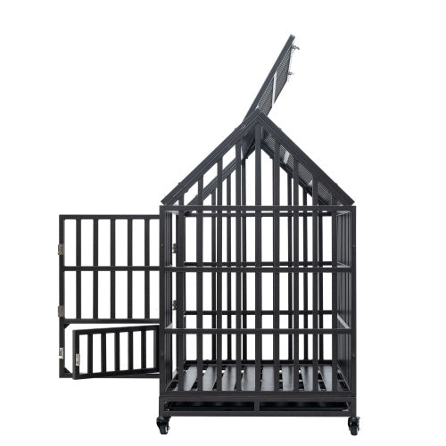 Butch House Heavy Duty Dog Kennel Pet Cage With Triangular Roof and Windows color Black