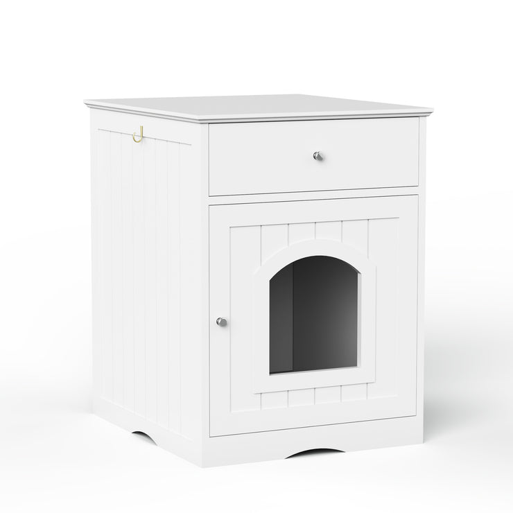 The Frenchie White House Wooden Pet House Furniture Litter Box Fence With Drawers for Cat, Bunny and Other Pets