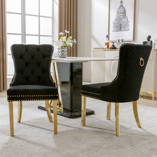 Majestic Black Velvet Gold Metal Leg Dining Chair (Set of 2) Round Pull Ring on the Back