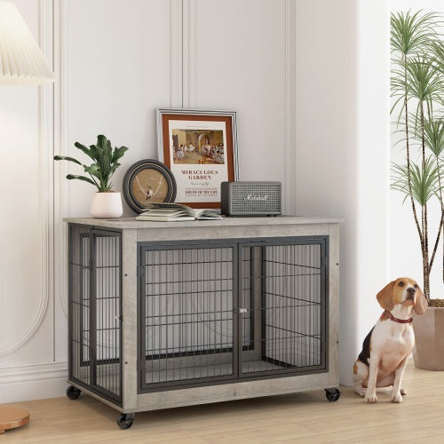 Slate Spot Pet Room Furniture Style Side Table With Wheels, Double Doors and a Raised Top for Dogs and Small Pets in Color Grey 38” x 25” x 27”