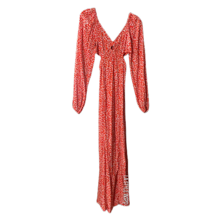Billabong Goddess Maxi Dress Floral Slit Waist Long Sleeve in Sunset Orange Size XS
