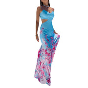 Mermaid Satin Cut Out Maxi Dress in Blue with Floral Bottom Size XS, S, M, L, XL, XXL