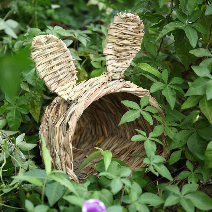 Happy Bunnies Chewable Pet Rabbit Handmade Straw Woven Tunnel with Bunny Ears in Size Small 8” x 8” x 7” / Medium 10” x 10” x 9”