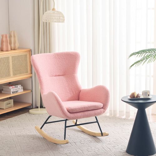 Deluxe Teddy Velvet Rocking Chair Modern-style leisure single sofa in Baby Pink