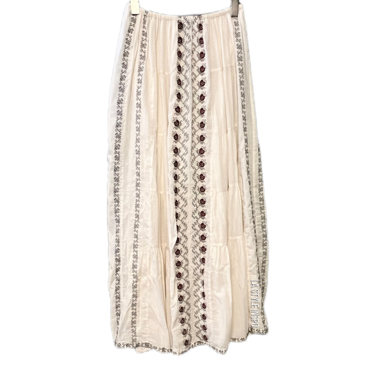 Zara 100% Cotton Embroidered Bohemian Maxi Skirt White Cream Size XS