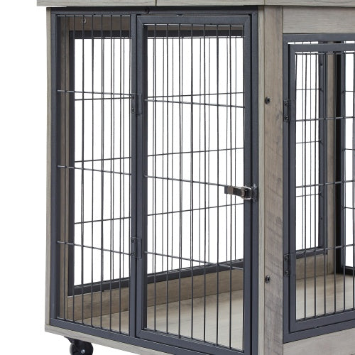 Slate Spot Pet Room Furniture Style Side Table With Wheels, Double Doors and a Raised Top for Dogs and Small Pets in Color Grey 38” x 25” x 27”