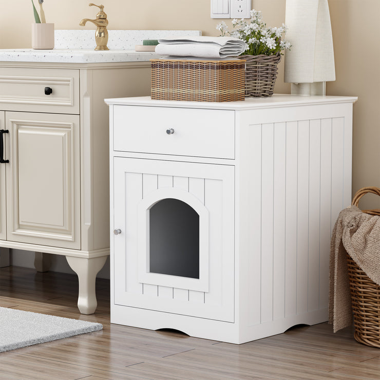 The Frenchie White House Wooden Pet House Furniture Litter Box Fence With Drawers for Cat, Bunny and Other Pets