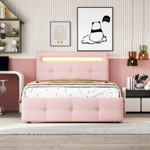 Reservoir LED Elegant 35.4” x 78.8” Single Bed with Drawers and Linen Upholstery in Light Pink