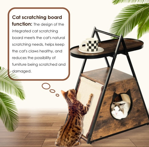 Cat & Meow Neoclassical Wood Triangular House with End Table Functional Vintage Style Cat Condo Pet Furniture 23L x 13W x 30H