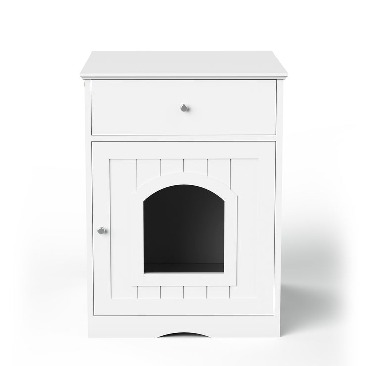 The Frenchie White House Wooden Pet House Furniture Litter Box Fence With Drawers for Cat, Bunny and Other Pets