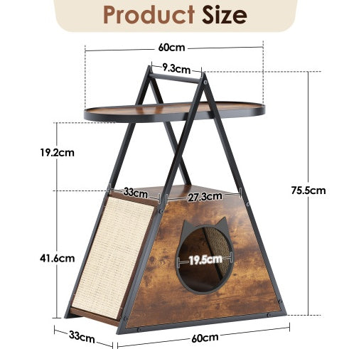 Cat & Meow Neoclassical Wood Triangular House with End Table Functional Vintage Style Cat Condo Pet Furniture 23L x 13W x 30H