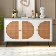 Zen Energy Modern White Sideboard with 3 Rattan-Adorned Doors and Metal Handles for Bedroom, Living Room, or Office