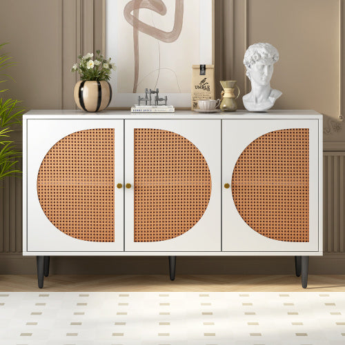 Zen Energy Modern White Sideboard with 3 Rattan-Adorned Doors and Metal Handles for Bedroom, Living Room, or Office