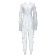 Lace Tie Jumpsuit Long Sleeved White Size S, M, L, XL