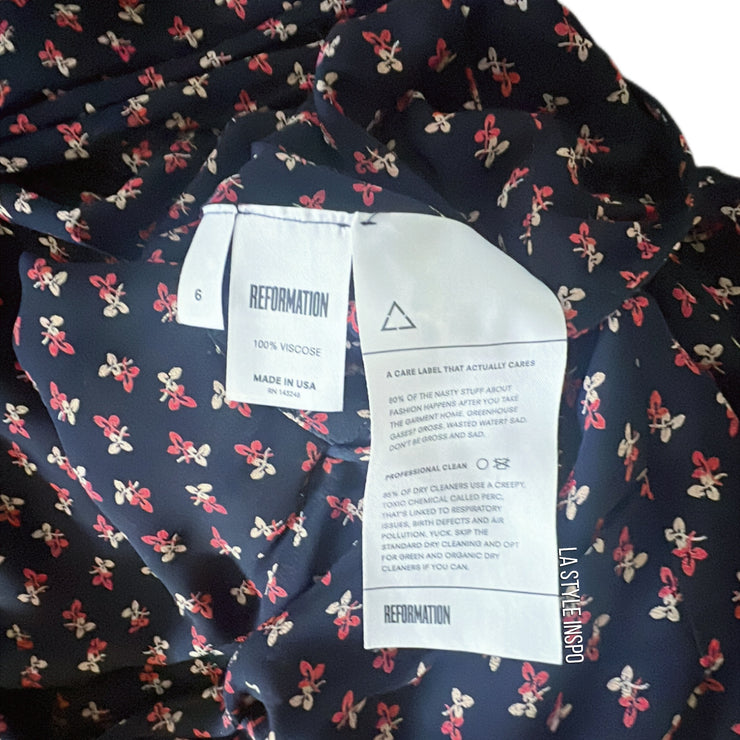 Reformation Floral Wrap Dress Short Sleeve Dark Blue Size 6