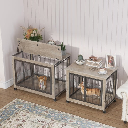 Slate Spot Pet Room Furniture Style Side Table With Wheels, Double Doors and a Raised Top for Dogs and Small Pets in Color Grey 38” x 25” x 27”