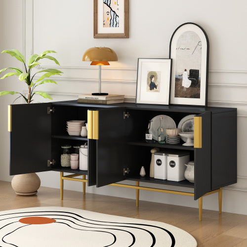Bauhaus Sleek Elegance Modern 4-door Sideboard Minimalist Style Buffet Cabinet with Gold Metal Handle and Legs