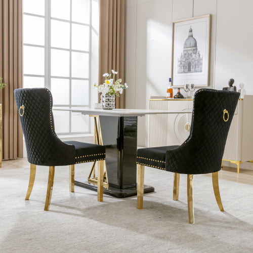 Majestic Black Velvet Gold Metal Leg Dining Chair (Set of 2) Round Pull Ring on the Back