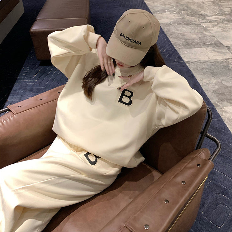 Celeb Sporty Outfit 2 PCS Set Letter B Sweatshirt and Pants Athleisure Beige Size S, M, L, XL, XXL