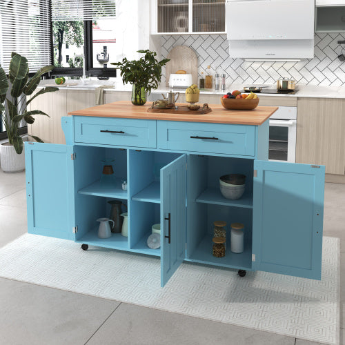 Tulum Impressions Kitchen Island Fiberboard Dining Cart Bookcase With Wood Folding Tabletop in Turquoise 51” x 28” x 36”