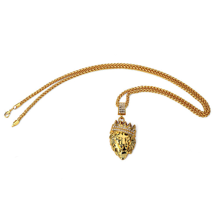 Gold Lion Men Chain King Crown Pendant Necklace Hip Hop Steampunk 29.5” / 75cm