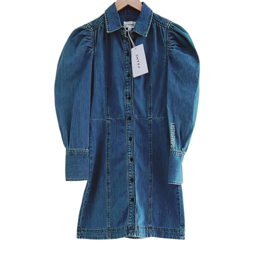 FRAME Denim Exaggerated Puff Long Sleeved Denim Dress XS LA Style Inspo FRAME Denim Exaggerated Puff Long Sleeved Denim Dress XS LA Style Inspo