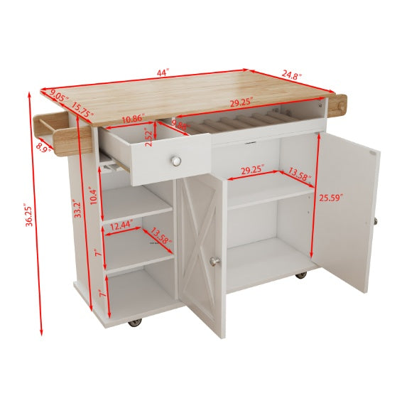 California Kitchen Island Organizer Trolley With Solid Wood Top, Wine Storage, Spice Rack, Towel Rack, Wine Glass Holder