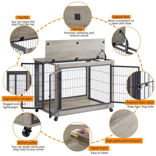 Slate Spot Pet Room Furniture Style Side Table With Wheels, Double Doors and a Raised Top for Dogs and Small Pets in Color Grey 38” x 25” x 27”