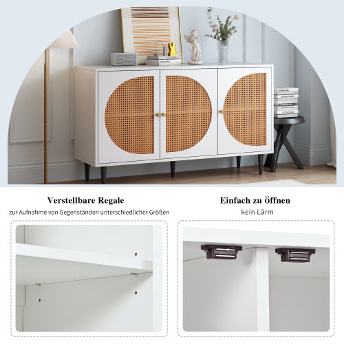 Zen Energy Modern White Sideboard with 3 Rattan-Adorned Doors and Metal Handles for Bedroom, Living Room, or Office