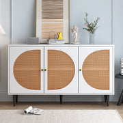 Zen Energy Modern White Sideboard with 3 Rattan-Adorned Doors and Metal Handles for Bedroom, Living Room, or Office