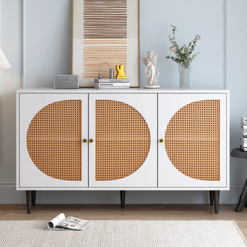 Zen Energy Modern White Sideboard with 3 Rattan-Adorned Doors and Metal Handles for Bedroom, Living Room, or Office