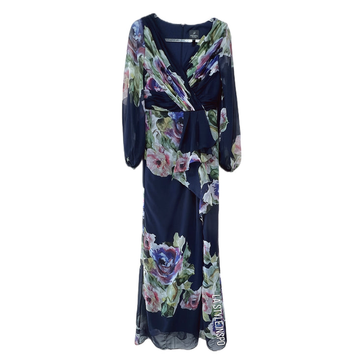 Adrianna Papell Long Sleeved Maxi Dress Gown Floral Blue Size 6