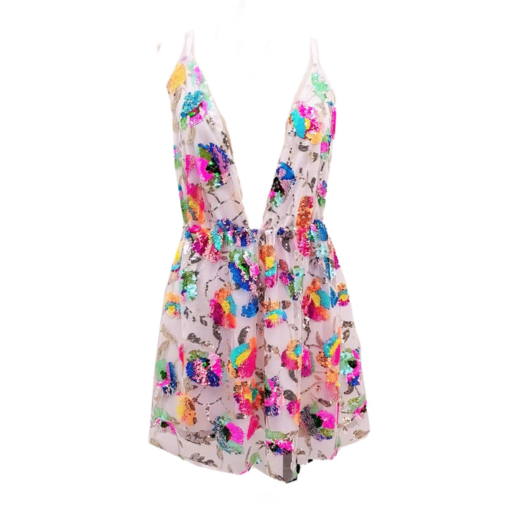 Coachella Babe Deep V Backless Sequined Floral Mini Dress in White, Purple, Orange Size S, M, L, XL