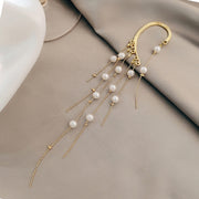 Pearl Goddess Gold Ear Clip Jewelry Tassel One Piece Extra Long Earrings 6.9”